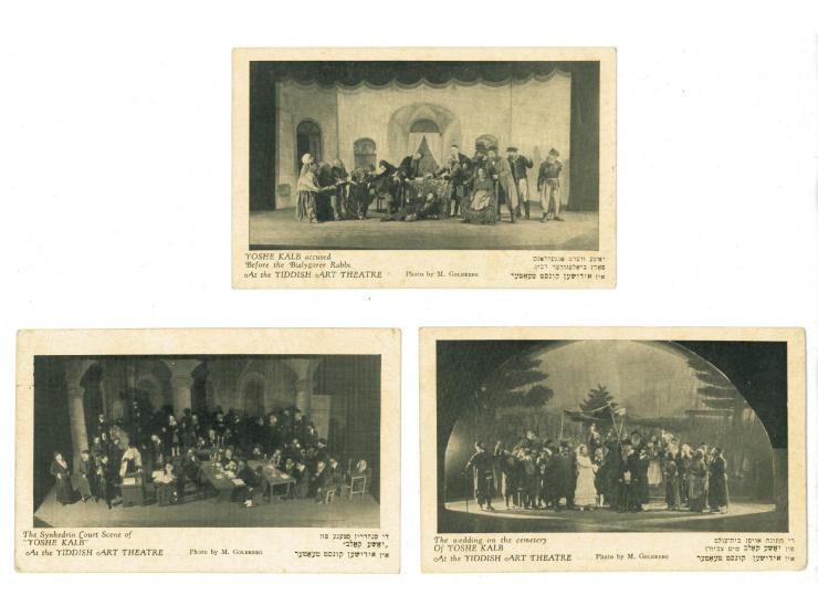 Six postcards depicting scenes and paintings of characters from the play "Yoshe Kalb" staged in the Yiddish Art Theater in Ne