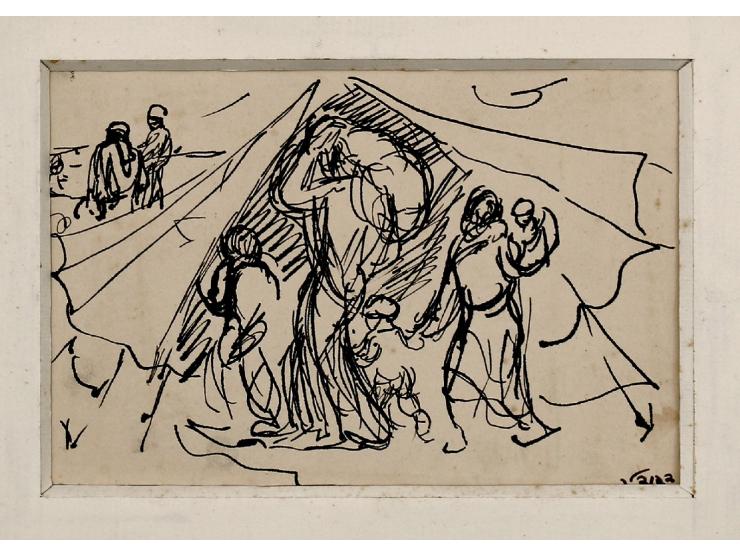 Ma'abara (transit camp). Ink on paper. Signed. 21X13.5 cm. Good condition. Stains. Attached to passé par-tout.  Provenance: C