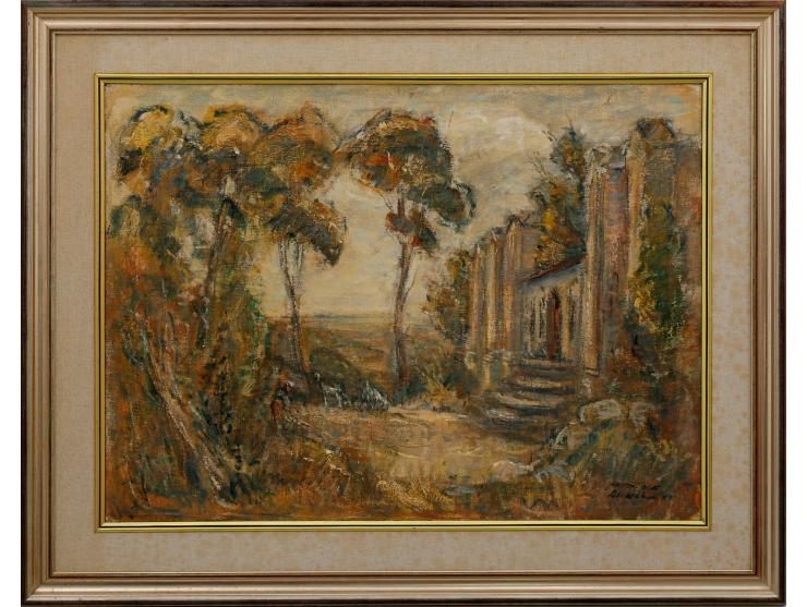Hospital in Zichron Ya'akov, 1943. Oil on canvas, by Aharon Kahana (1905-1967). Signed and dated. 81X60 cm. Framed, 102X81 cm