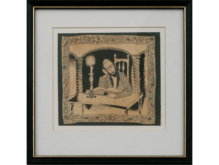 Jew Studying by the Light of a Candle, drawing by Henryk Hechtkopf (1910-2004). Ink on paper. Signed in Hebrew and English: "
