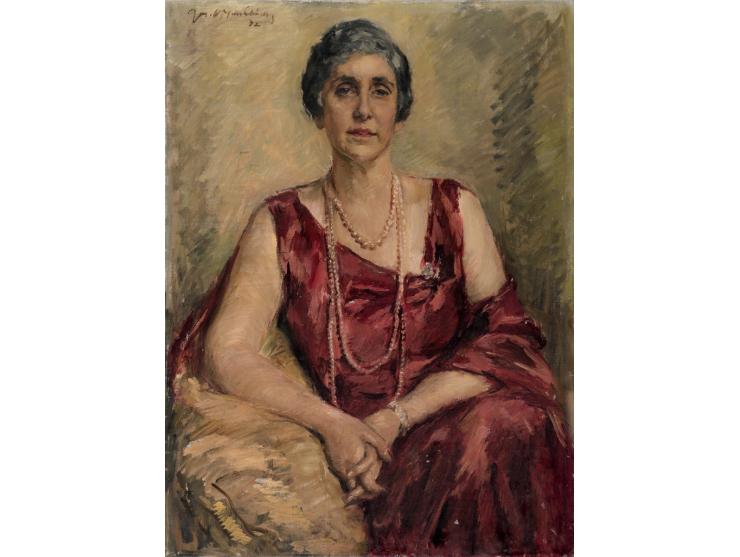 Portrait of a Woman in a Red Dress, 1932. Oil on canvas. Signed and dated. 72X96 cm. Paint scaling in several places and smal