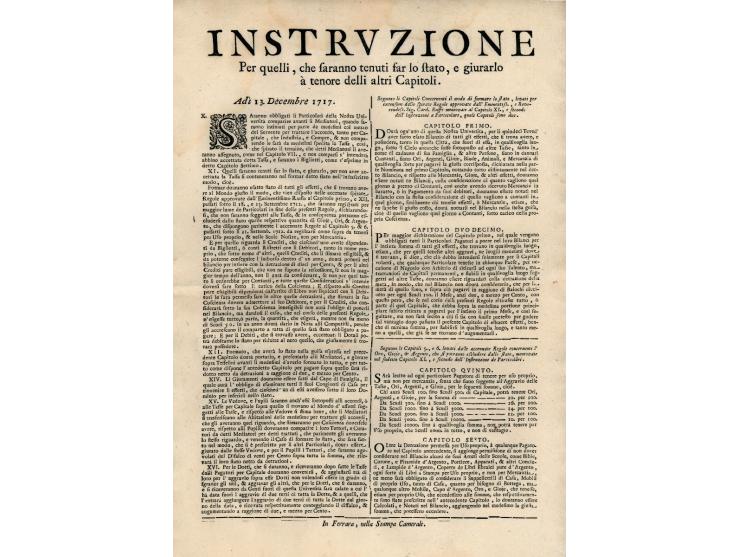 Instruzione par quelli, che faranno tenuti far lo stato, e girarlo a tenore delli altri Capitoli. Ferrara, 1717. Italian. Sin