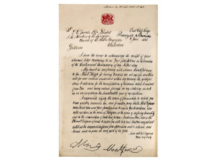 A letter of gratitude from Moses Montefiore, in lithographic printing, sent to the President and members of the synagogue cou