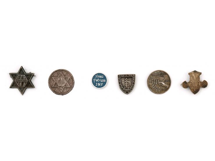 Collection of pins. Palestine, [ca.1920s-30s]. * "Kofer HaYeshuv – Donation of Jewelry – 1938-1939" designed by Moshe Murro. 