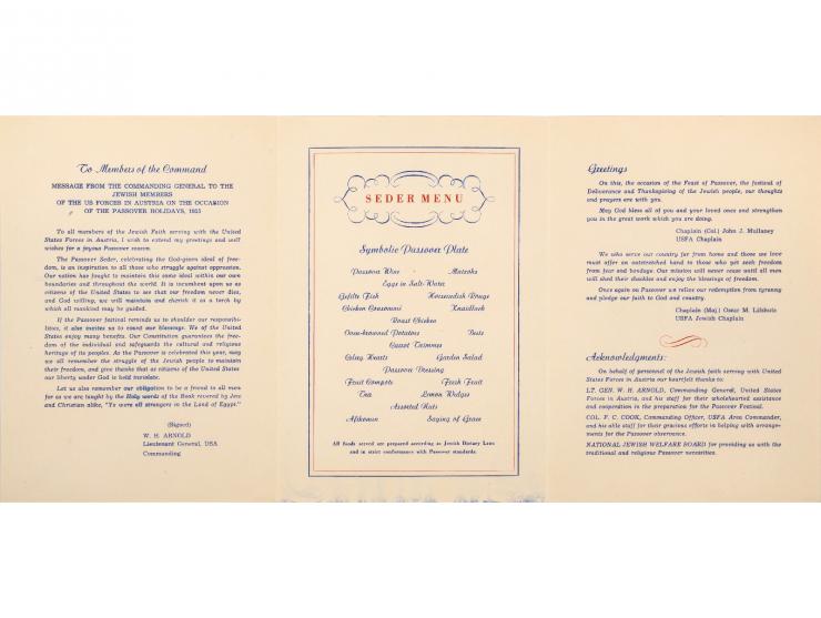 Passover the Festival of Freedom [פסח, חג החירות]. זלצבורג, תשט"ו-1955. אנגלית.  הזמנה לסעודת ליל הסדר תשט"ו בעיר זלצבורג; חו
