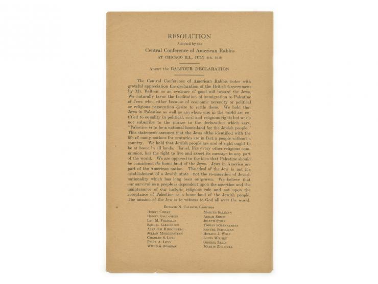 Resolution Adopted by the Central Conference of American Rabbis at Chicago ILL., July 4th, 1918, Anent the Balfour Declaratio