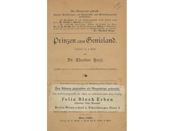 Prinzen aus Genieland, Lustspiel in 4 Akten. הוצאת A. Entsch. וינה, 1892. גרמנית. מהדורה ראשונה.
 83 עמ', 19.5 ס"מ. מצב 