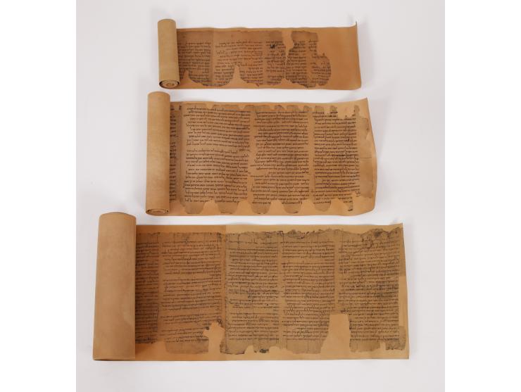 Three facsimiles of ancient scrolls on gvil parchment. Shrine of the book, the Israel Museum. Jerusalem, 1979. Printed by Kod