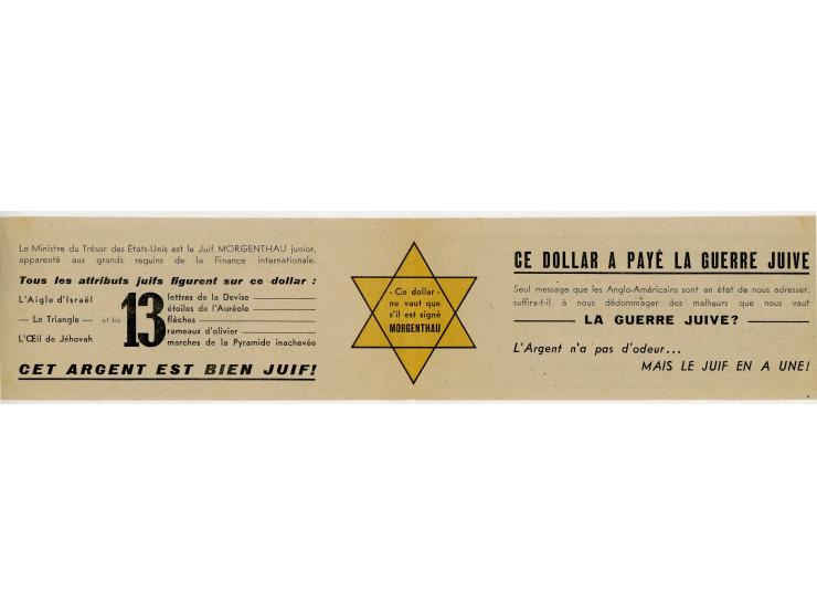 "anti-Semitic 1-dollar bill, France, [ca. 1944]. French. Anti-Semitic mock 1-dollar bill, from approx. 1944, France. Inner si