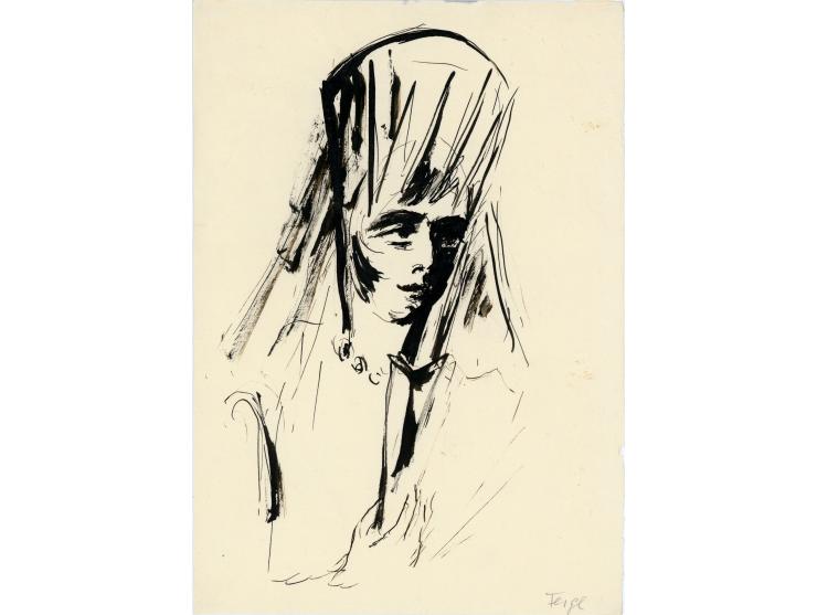 Figures / three portraits in ink and watercolor and one portrait in lithograph / average size 18X26 cm / signed in pencil and