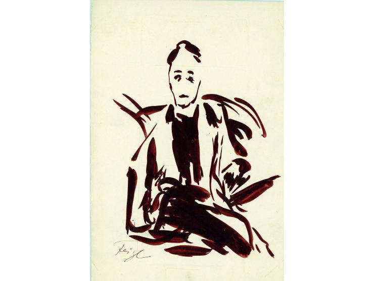 Figures / three portraits in ink and watercolor and one portrait in lithograph / average size 18X26 cm / signed in pencil and