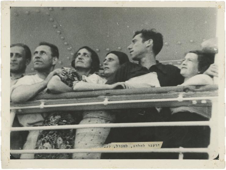 Six photographs out of Carmel newsreels: * Immigrants on a ship [1935] * Settlement in Hanita [1938] * Funeral of Ramat HaKov