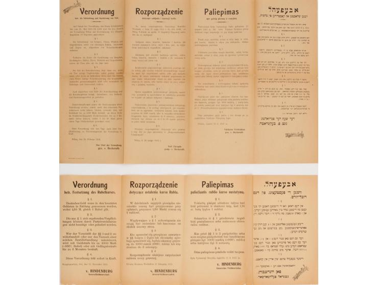 Two informative posters printed in four languages: German, Polish, Lithuanian and Yiddish. [Vilnius], 1915-1916.
 1. Regulati