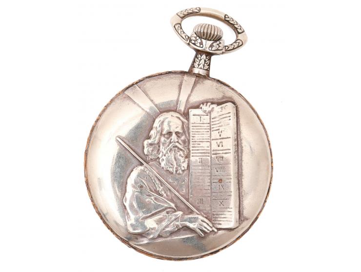 Pocket watch with Hebrew numerals. White enamel dial. Rear cover decorated with a repouss&eacute; image of Moses holding the 