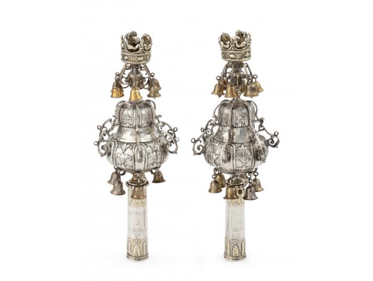 
 Pair of Torah finials. London, England, 1722, probably by Abraham Lopes de Oliveyra or William Spackman. Dedicatory inscrip