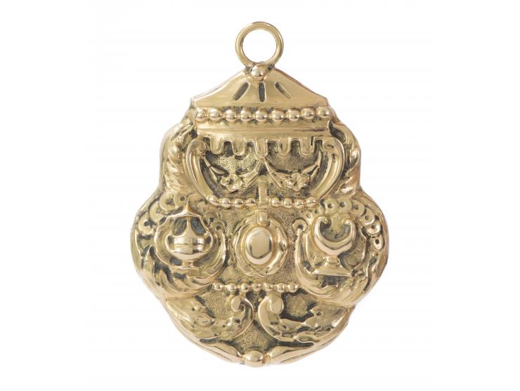 
 Gold amulet case ("Shad-dai"). [Italy, 19th century].


 Gold, cast, repouss&eacute; and engraved (unmarked).


 