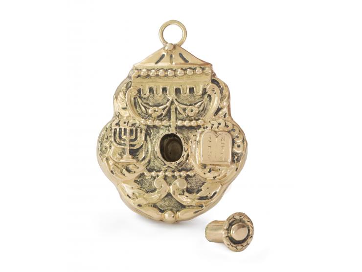 
 Gold amulet case ("Shad-dai"). [Italy, 19th century].


 Gold, cast, repouss&eacute; and engraved (unmarked).


 