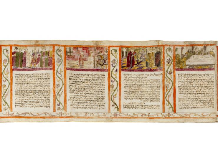 
 Handwritten and hand-illuminated Esther Scroll. [Northern Italy, first half of the 17th century].


 Ink and color paint on