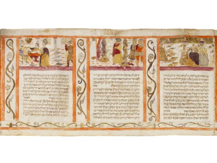 
 Handwritten and hand-illuminated Esther Scroll. [Northern Italy, first half of the 17th century].


 Ink and color paint on