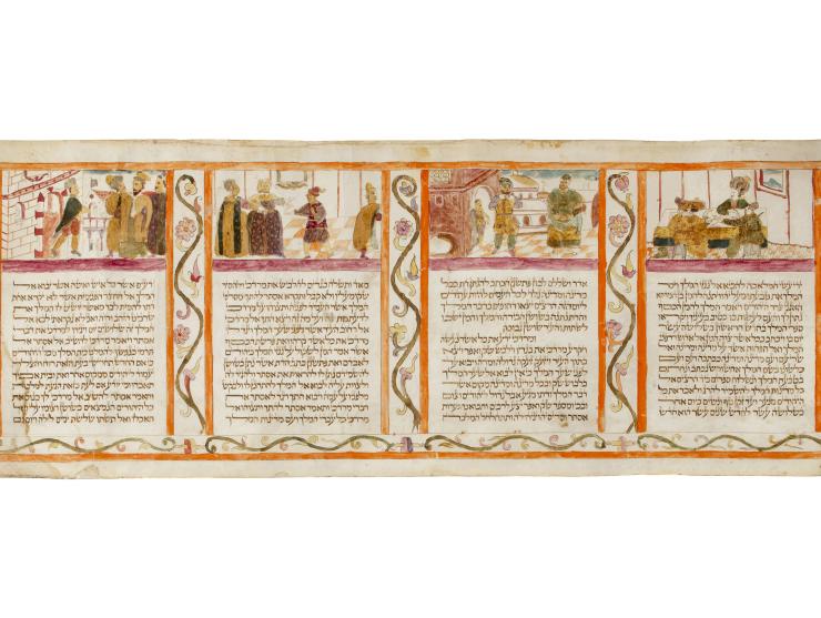 
 Handwritten and hand-illuminated Esther Scroll. [Northern Italy, first half of the 17th century].


 Ink and color paint on