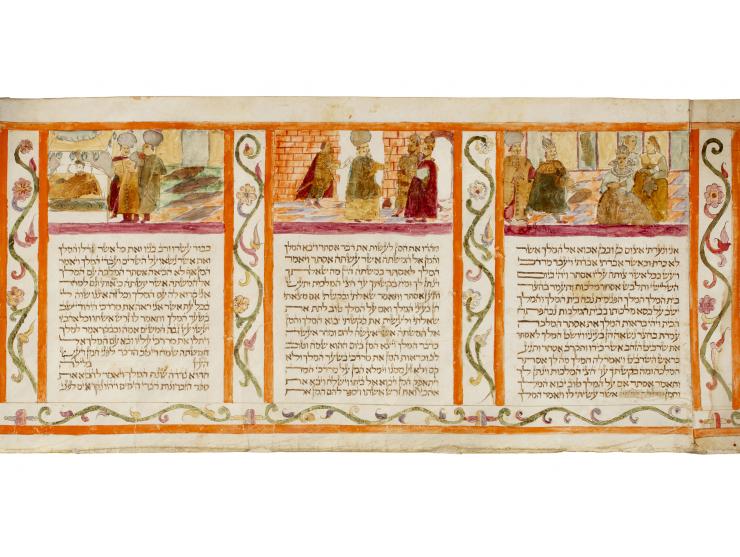 
 Handwritten and hand-illuminated Esther Scroll. [Northern Italy, first half of the 17th century].


 Ink and color paint on