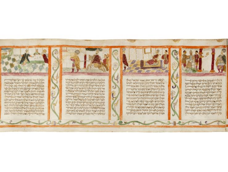 
 Handwritten and hand-illuminated Esther Scroll. [Northern Italy, first half of the 17th century].


 Ink and color paint on
