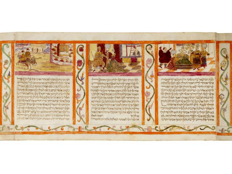 
 Handwritten and hand-illuminated Esther Scroll. [Northern Italy, first half of the 17th century].


 Ink and color paint on
