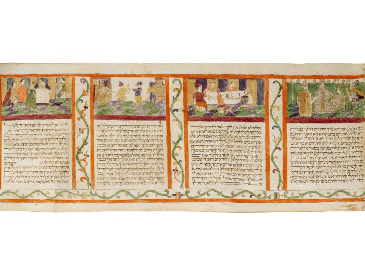 
 Handwritten and hand-illuminated Esther Scroll. [Northern Italy, first half of the 17th century].


 Ink and color paint on