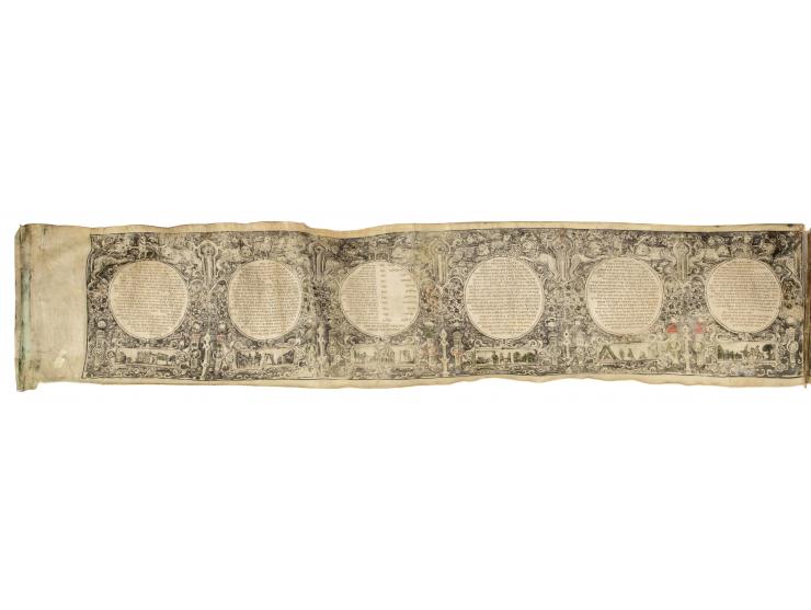 
 Esther Scroll with engraved decoration by Shalom Italia (Salomo d'Italia). [Amsterdam, The Netherlands, ca. 1641-1650].


 