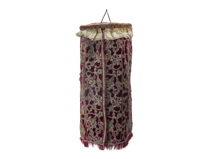 
 Torah mantle. [Italy, probably Padua], 1744-1745.


 Embroidery of coiled gold- and silver-colored metal thread on wine-red