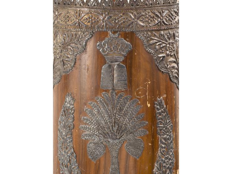 
 Torah scroll case. Egypt (probably Alexandria), 1921-1922.


 Wood; silver sheet, repouss&eacute;, cut, embossed and engrav