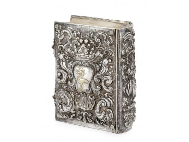 
 Silver box stylized as a book. Venice, second half of 18th century.


 Silver, repouss&eacute; (with Venice standard mark –