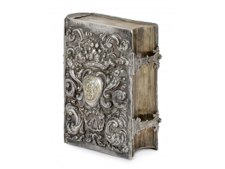 
 Silver box stylized as a book. Venice, second half of 18th century.


 Silver, repouss&eacute; (with Venice standard mark –