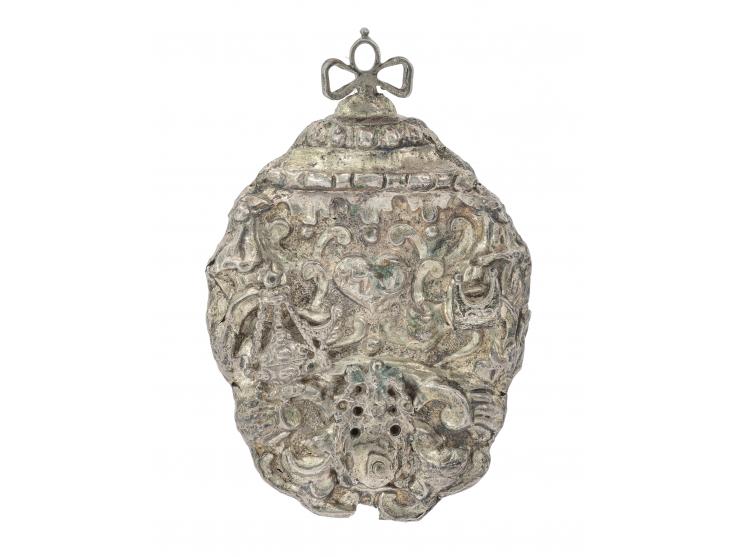 
 Amulet case. Italy, [18th century].


 Silver, cast, repouss&eacute; and engraved (unmarked).


 Two-sided amulet case, dec