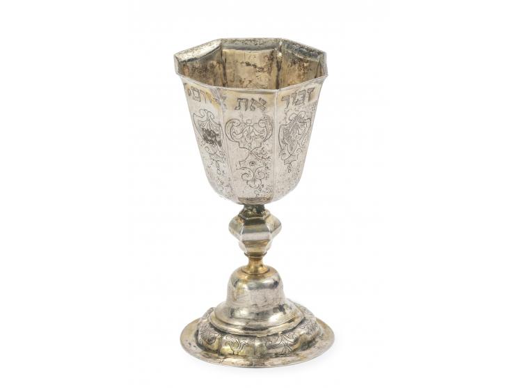 
 Kiddush cup, made by Johann Carl Stiebeldey. Augsburg, Germany, 1745-1747.


 Silver, repouss&eacute; and engraved (base an