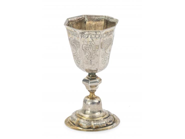 
 Kiddush cup, made by Johann Carl Stiebeldey. Augsburg, Germany, 1745-1747.


 Silver, repouss&eacute; and engraved (base an