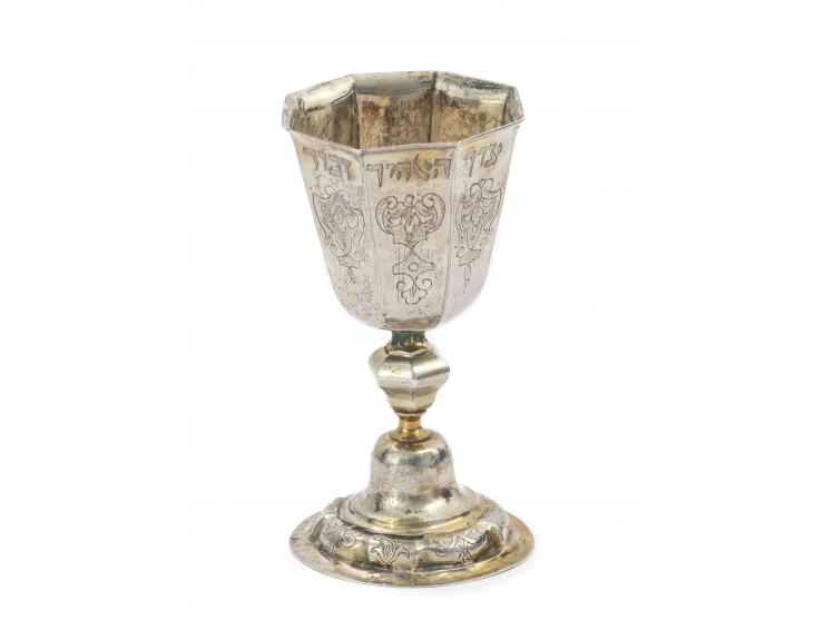 
 Kiddush cup, made by Johann Carl Stiebeldey. Augsburg, Germany, 1745-1747.


 Silver, repouss&eacute; and engraved (base an