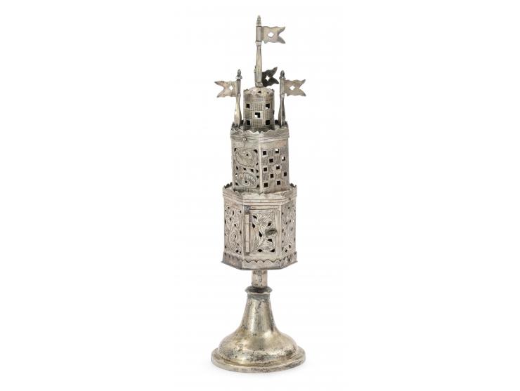 
 Spicebox. [Central Europe, perhaps Germany or Poland, 19th century].


 Silver, cast, repouss&eacute;, pierced and engraved