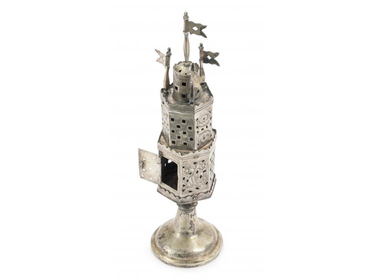 
 Spicebox. [Central Europe, perhaps Germany or Poland, 19th century].


 Silver, cast, repouss&eacute;, pierced and engraved