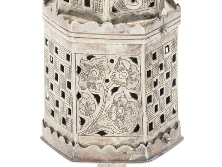 
 Spicebox. [Central Europe, perhaps Germany or Poland, 19th century].


 Silver, cast, repouss&eacute;, pierced and engraved