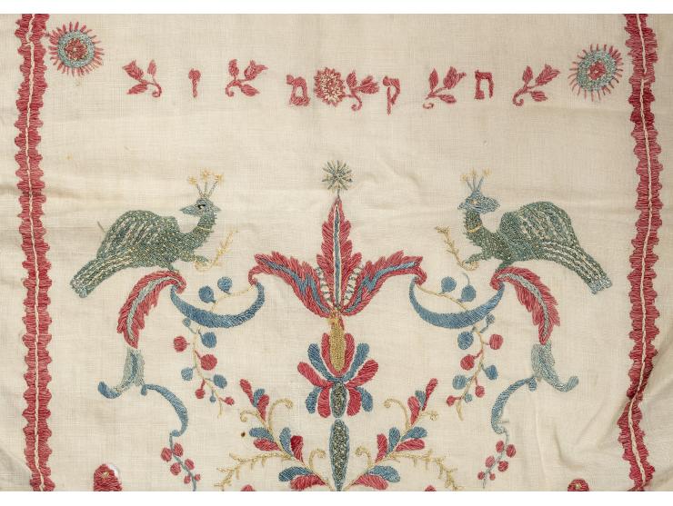 
 Embroidered Seder towel (Sederzw&euml;hl). [Southern Germany or Alsace], 1787.


 Embroidery of colorful cotton and silk on