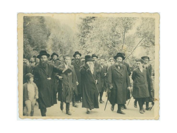 תמונת האדמו"ר בעל "אמרי אמת" מגור הולך ביער, כשלצדו בניו רבי ישראל ורבי שמחה בונים. [פולין, שנות התרצ"- 1
