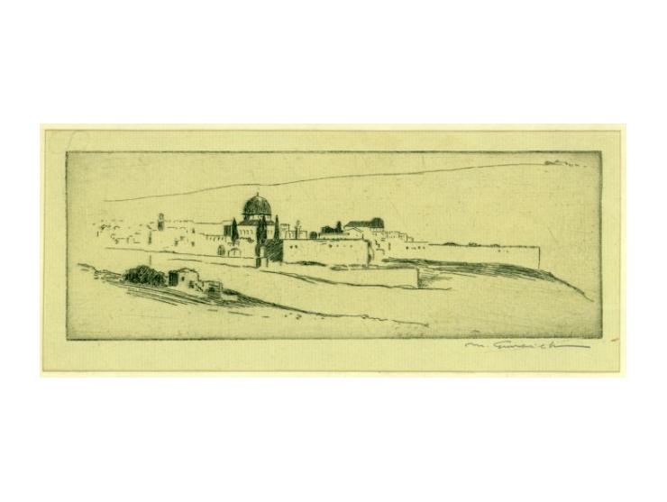 Meir Gur Aryeh, view of the old city of Jerusalem, etching signed in pencil (in English). 21.5X7.5 cm, framed 35X22.5 cm. Goo