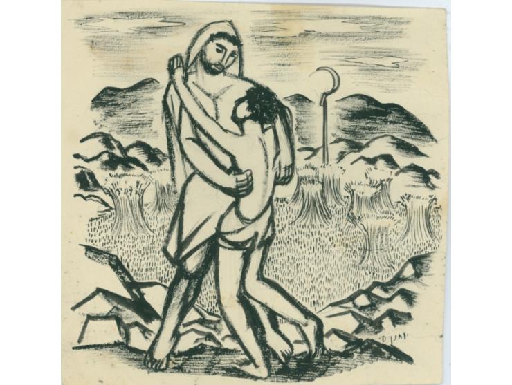 Illustration by Yohanan Simon of two figures with sheafs of grain stalks and a sickle in the background. Gouache on paper. Si
