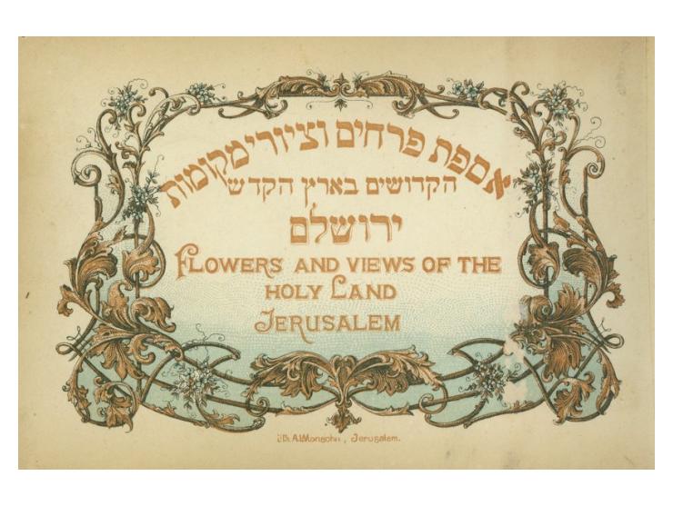 "אספת פרחים וציורי מקומות הקדושים בארץ הקדש, [מאת א. ליב כהנא]. דפוס מונזון, ירושלים, סוף המאה ה-19. עברית, גרמנית, אנגל