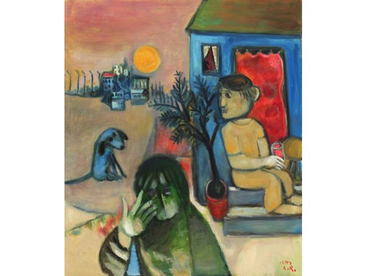A Girl with a Dog / 1995 / Oil on canvas / 116X100 cm / Signed / Signed, dated and described on the reverse