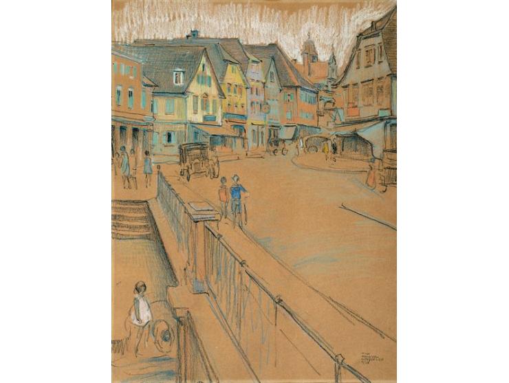 Figures in the City / 1928 / Pastel on cardboard / 44X33 cm / Signed, dated and described "G&ouml;ppingen" (Germany)