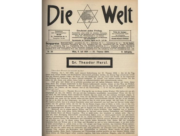 Die Welt [העולם], שבועון מיסודו של תיאודור הרצל. וינה וברלין, יוני 1897 עד ספטמבר 1914. 18 כרכים (סט שלם). גרמנית.
 השבועון &