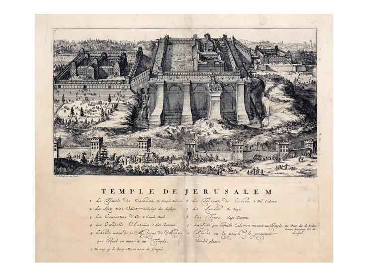 Temple de Jerusalem [המקדש בירושלים], תחריט מאת Romeyn de Hooghe. אמשטרדם, [1715]. תחריט 20X36.5 ס"מ, גליון 37X46 ס"מ. נזקים 