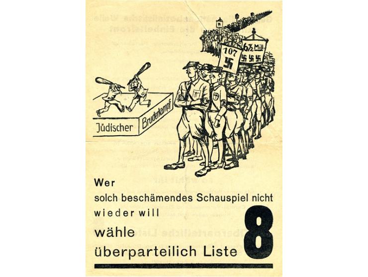 תריסר כרוזים, שנדפסו מטעם רשימות ומפלגות שונות, לקראת בחירות שנערכו בקהילה היהודית של ברלין. ברלין, 1901, 1904, 1907, 1920, 1